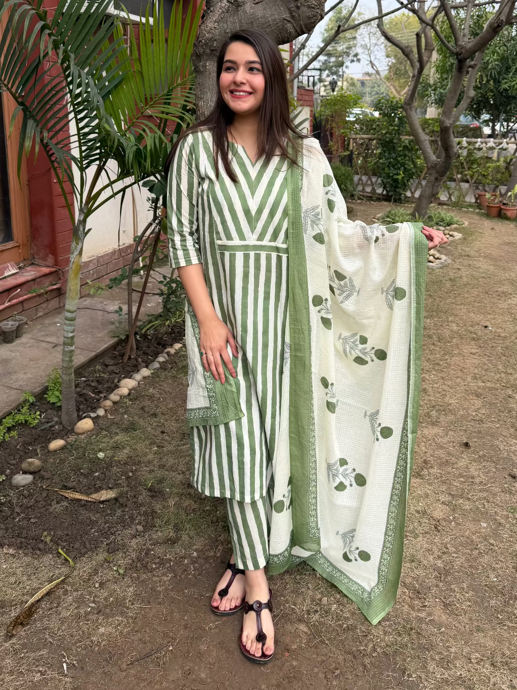 Light Green Stripe Suits Set with Mulmul Duppata