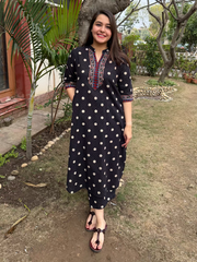 Black polka dots Ajrakh Co-ord Set by MySanskritam