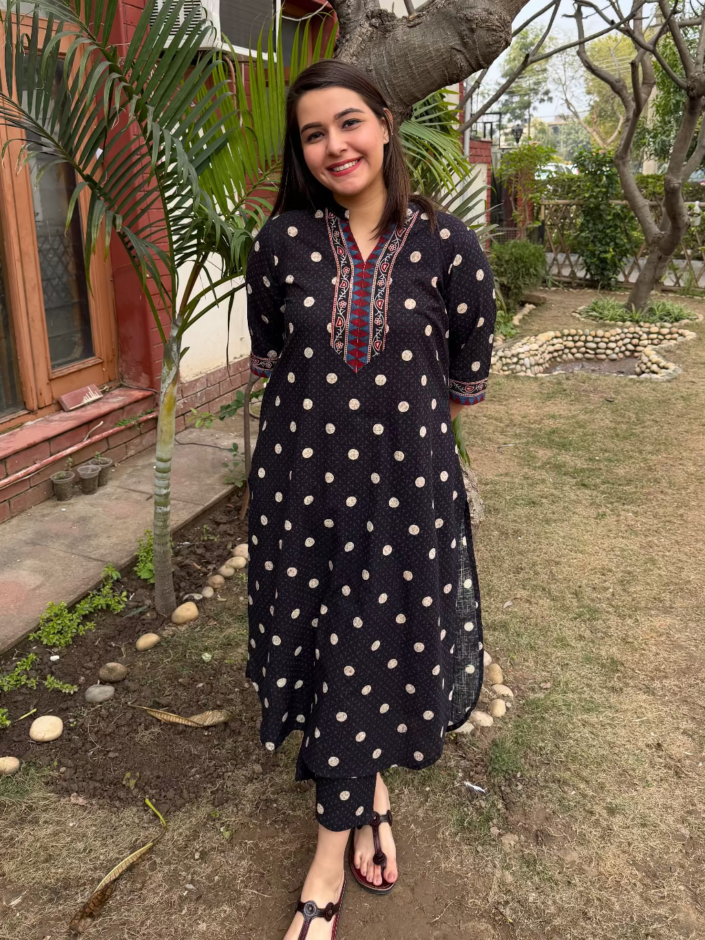 Black polka dots Ajrakh Co-ord Set by MySanskritam