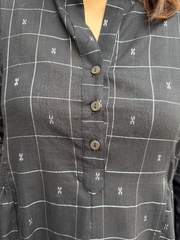 Black Checks Side Gather Kurta button Detail by MySanskritam