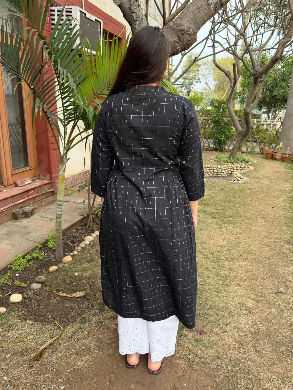 Black Checks Side Gather Kurta from the back by MySanskritam