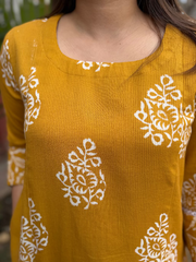 Mustard Textured Aline Kurta close up by MySanskritam