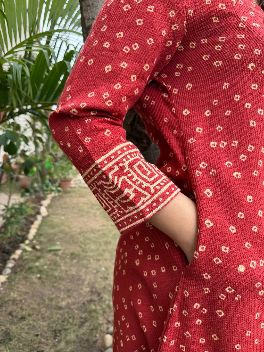 Rust Bandhini Textured Aline Kurta Sleeve Detail by MySanskritam