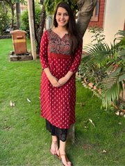 Maroon buti Ajrakh Yoke kurta