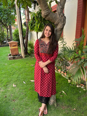 Maroon buti Ajrakh Yoke kurta