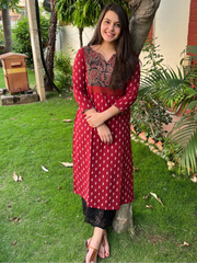 Maroon buti Ajrakh Yoke kurta