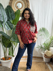 Maroon patchwork pocket shells shirt