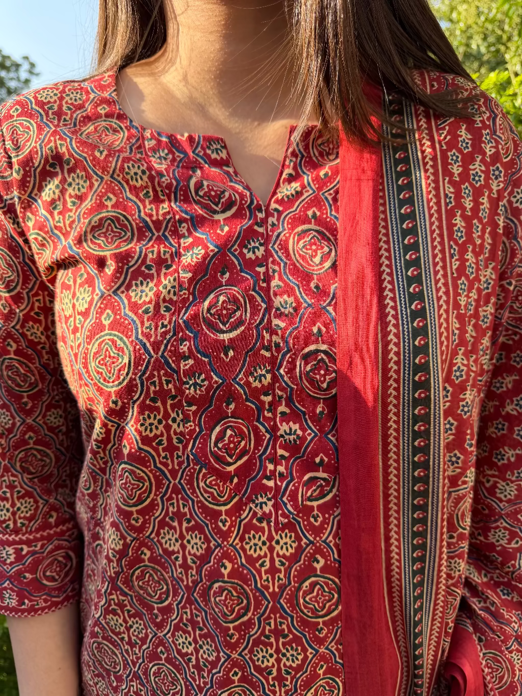 Maroon Geometric Full Suit Set close up by MySanskritam