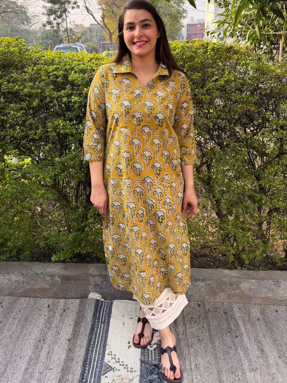 Mustard flower Handblock Kurta by MySanskritam