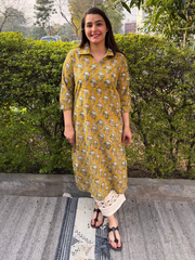 Mustard flower Handblock Kurta by MySanskritam