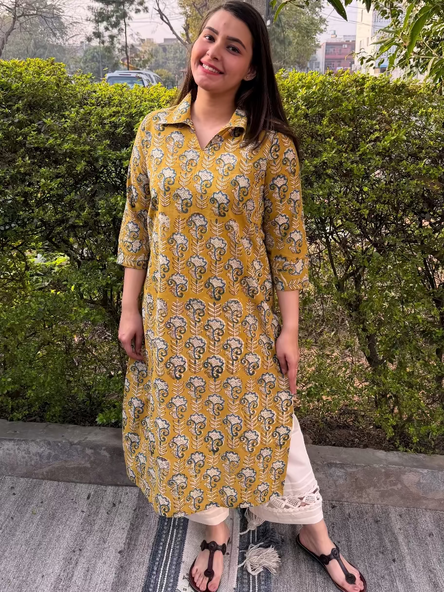 Mustard flower Handblock Kurta by MySanskritam