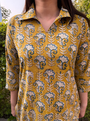 Mustard flower Handblock Kurta close up by MySanskritam
