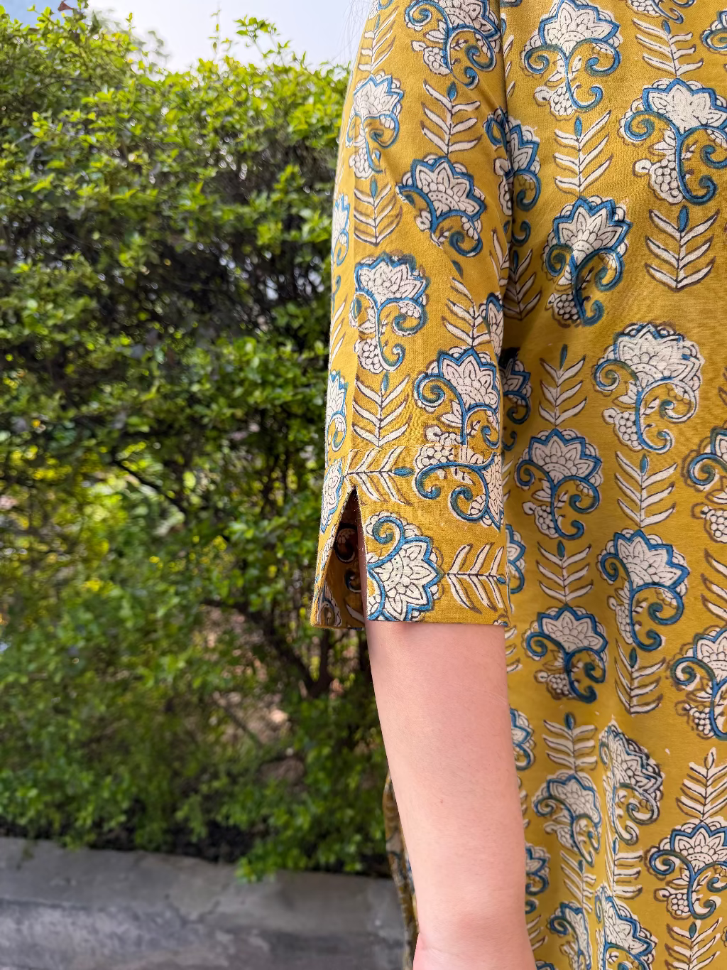 Mustard flower Handblock Kurta sleeve detail by MySanskritam