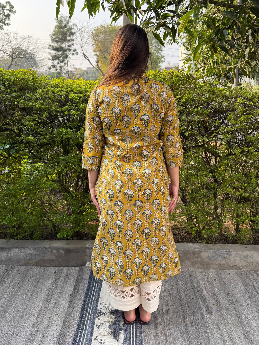 Mustard flower Handblock Kurta from the back by MySanskritam