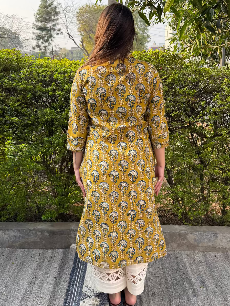 Mustard flower Handblock Kurta from the back by MySanskritam