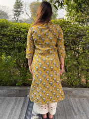 Mustard flower Handblock Kurta from the back by MySanskritam