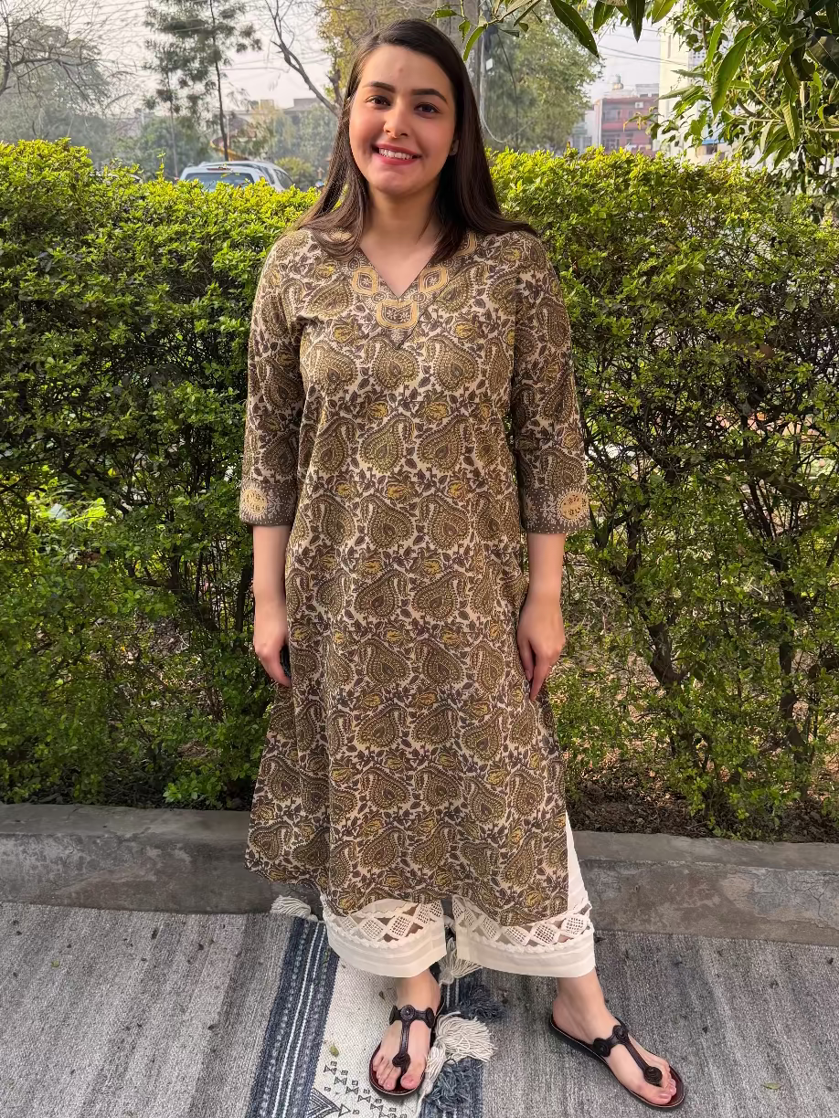 Brown Floral Bagru Kurta by Myanskritam