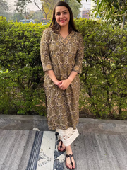 Brown Floral Bagru Kurta by Myanskritam