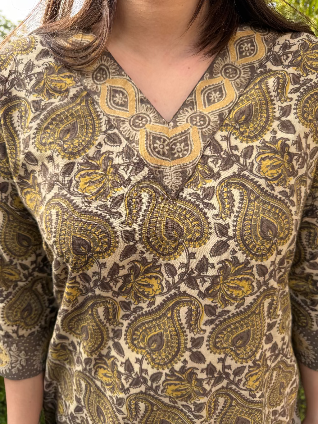 Brown Floral Bagru Kurta close up by Myanskritam