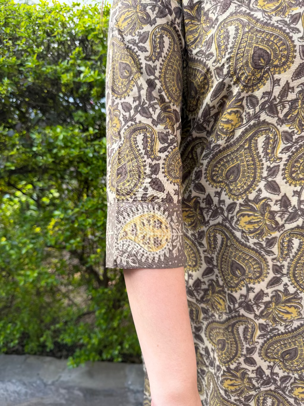 Brown Floral Bagru Kurta sleeve detail by Myanskritam