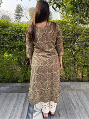 Brown Floral Bagru Kurta from the back by Myanskritam