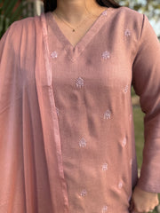 Pastel pink embroidered woollen suit set