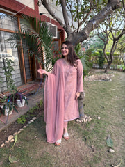 Pastel pink embroidered woollen suit set