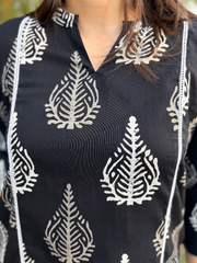 Black Leaf Kali A-line Kurta close up by MySanskritam