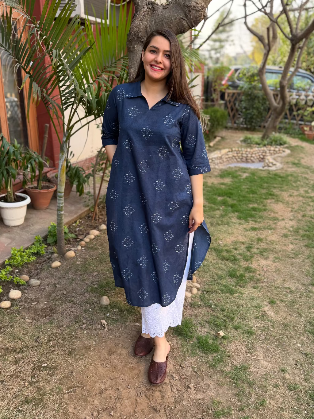 Indigo Geometric Collar Kurta