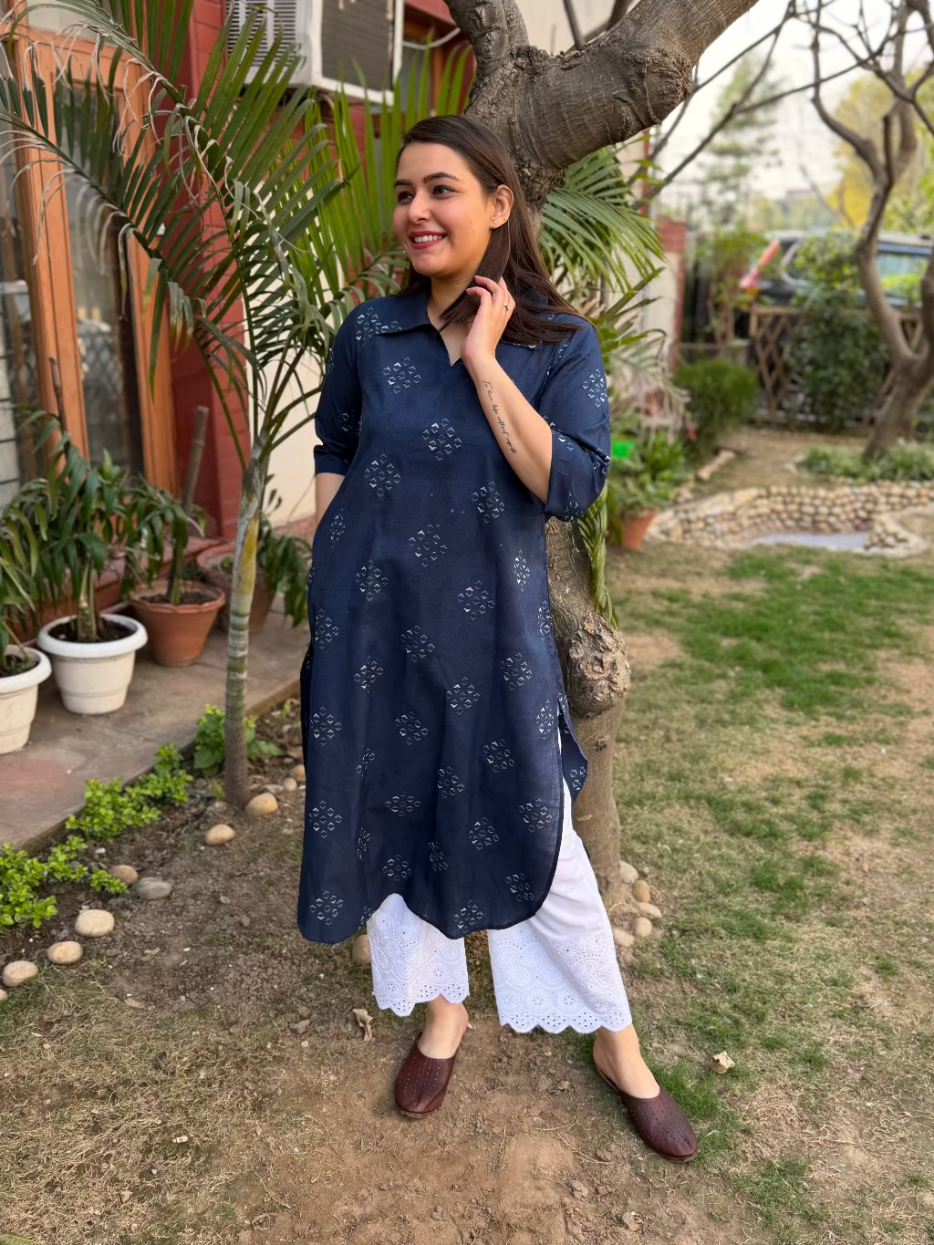 Indigo Geometric Collar Kurta by MySanskritam