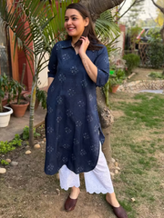 Indigo Geometric Collar Kurta by MySanskritam