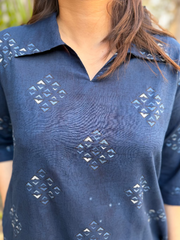 Indigo Geometric Collar Kurta close up by MySanskritam