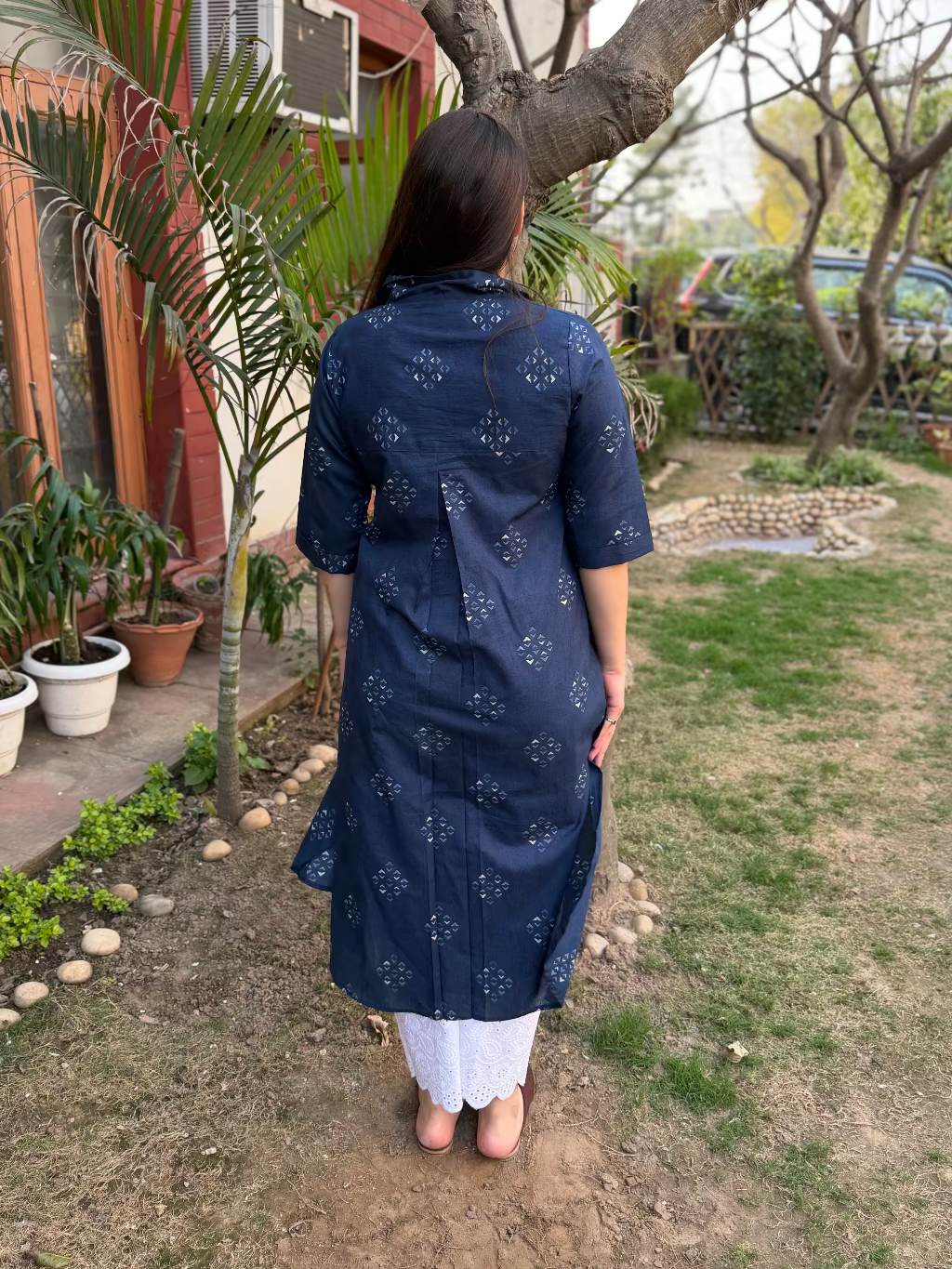 Indigo Geometric Collar Kurta from the back by MySanskritam