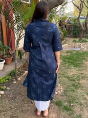 Indigo Geometric Collar Kurta from the back by MySanskritam