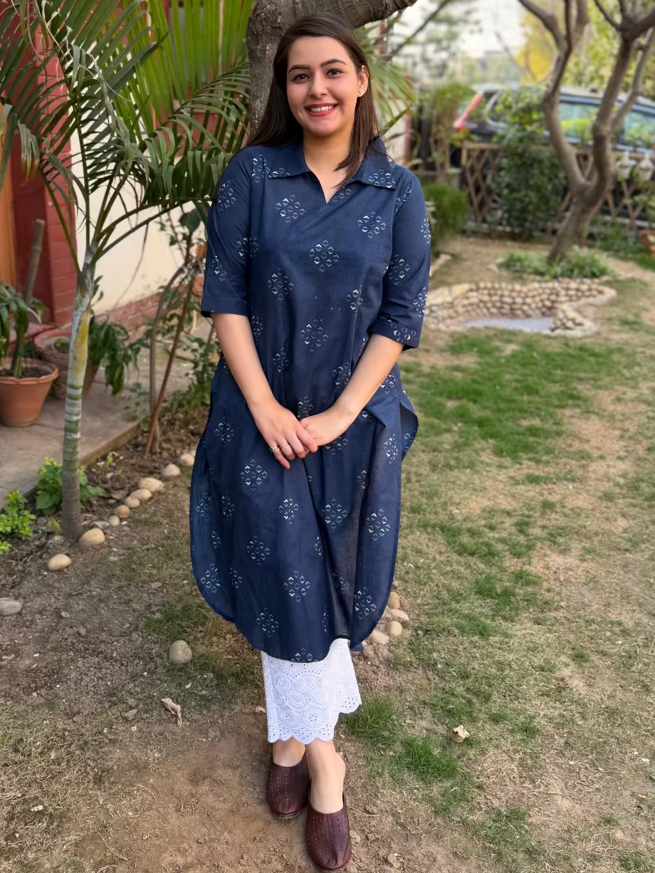Indigo Geometric Collar Kurta by MySanskritam