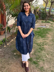 Indigo Geometric Collar Kurta by MySanskritam