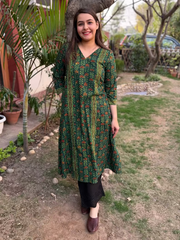 Bottle green leaf handblock aline kurta with pocket