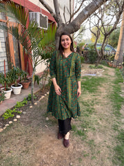 Bottle green leaf handblock aline kurta with pocket