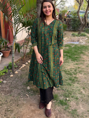 Bottle green leaf handblock aline kurta with pocket
