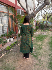 Bottle green leaf handblock aline kurta with pocket