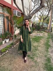 Bottle green leaf handblock aline kurta with pocket