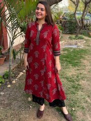 Maroon buta handblock aline kurta with pocket
