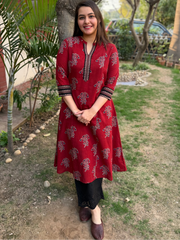 Maroon buta handblock aline kurta with pocket