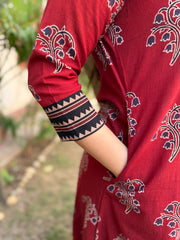 Maroon buta handblock aline kurta with pocket