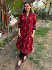 Maroon buta handblock aline kurta with pocket