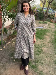 Grey Bagru Aline kurta with Pocket