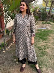 Grey Bagru Aline kurta with Pocket