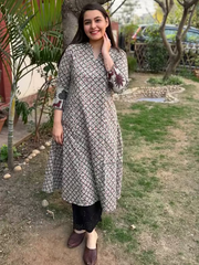 Grey Bagru Aline kurta with Pocket