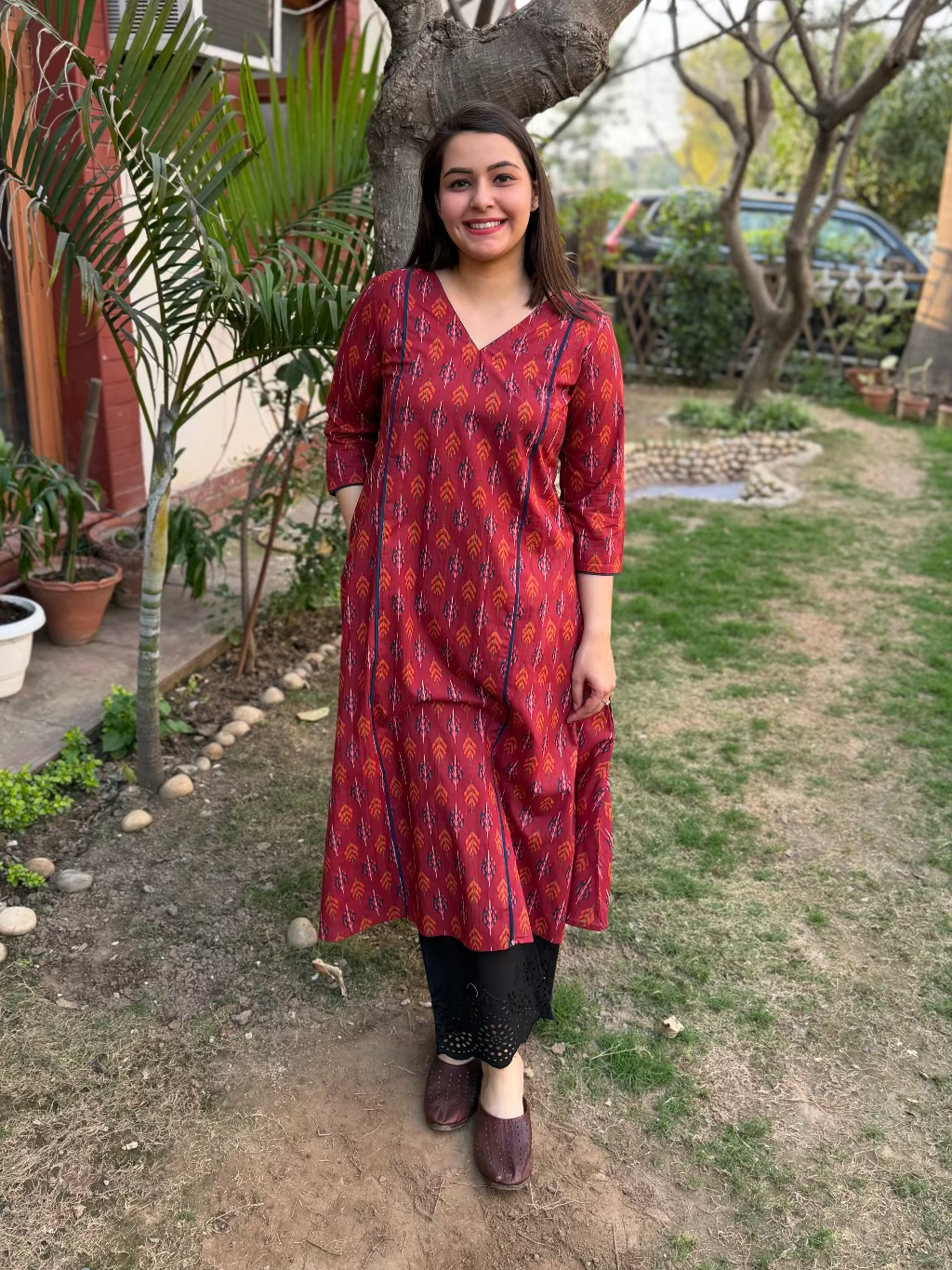 Maroon Geometric Leaf A-line Kurta