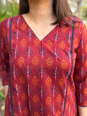 Maroon Geometric Leaf A-line Kurta up close by Sanskritam